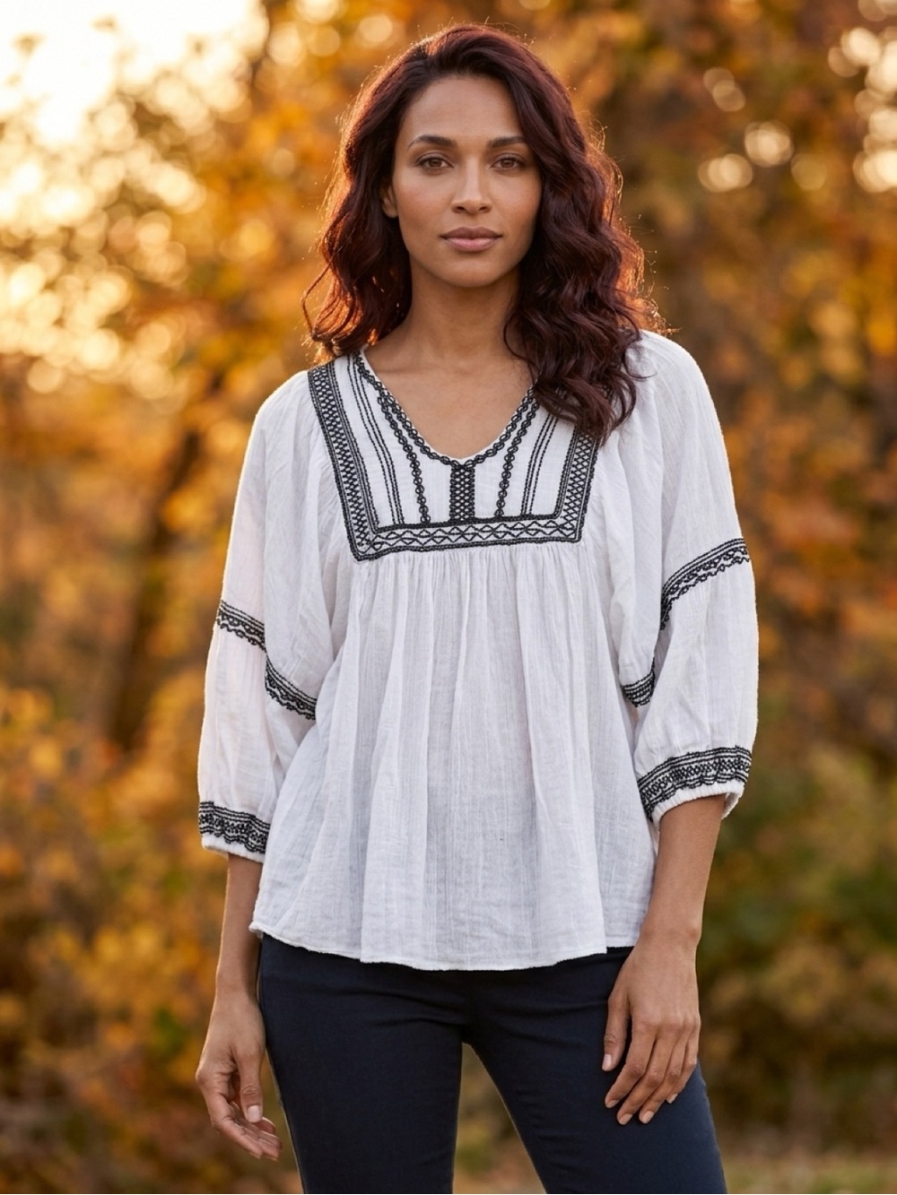 Large Max Studio boho top, flowy, Embroidered peasant top